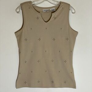 Kathy Ireland Tank Womens Small Tan Geometric Embroidered V Neck Sleeveless Top
